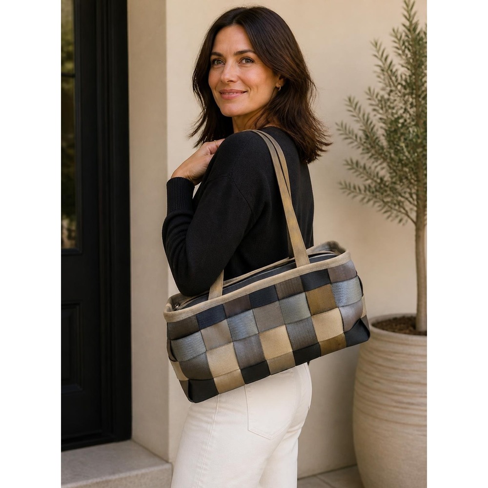 Harveys Treecycle Seatbelt Satchel Bag Purse Tote Woven Grey Check Pattern